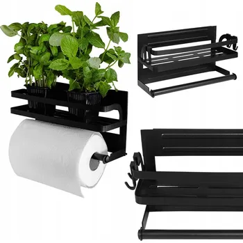Magnetický držák na papírové utěrky s poličkou na koření, černý, loftový styl