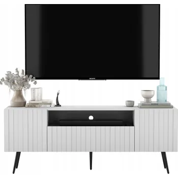 Televizní stolek TV stolek Glamour pod TV, bílý mat, Loft RTV, černé kovové nohy