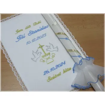 rouška NAŠE MIMI Křestní sada 3D vzor 23- vyšívaná rouška s krajkou, svíce, ozdoba