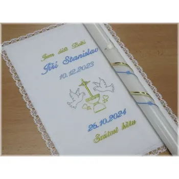 rouška Křestní sada 2D vzor 23- vyšívaná rouška s krajkou, svíce