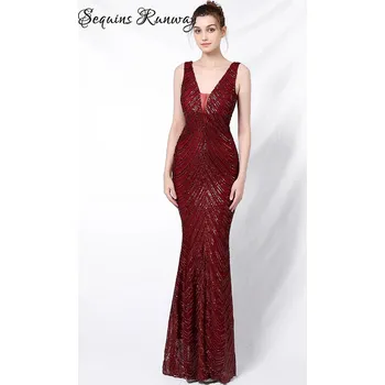 Dámské šaty Maxi plesové šaty Sequins SQ967 Barva: Vínová, Velikost: 2XL