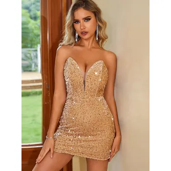 Dámské šaty Plesové krátké šaty Sequins SQ962 Barva: Zlatá, Velikost: L