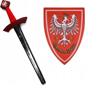 Karnevalový kostým SADA DŘEVĚNÝ MEČ A ŠTÍT ČERVENÁ KOSTÝM RYTÍŘ PŘEVLEK PRO DĚTI