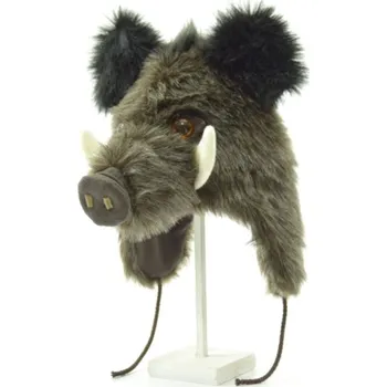 Čepice Zvířecí zimní čepice Kanec – šedohnědá, ručně šitá čepice s velkými zuby, ušima a ocasem Barva: šedohnědá, Velikost: XL (59-60)