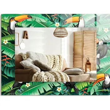 Zrcadlo Zrcadlo s potiskem na zeď, dekorativní, svislé/vodorovné, motiv Tukanů, listů a džungle, 80x60 cm