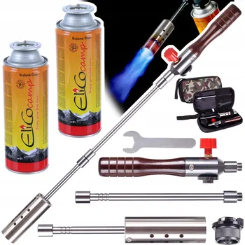 Outdoor vaření PLYNOVÝ HOŘÁK PRO OPALOVÁNÍ A OHŘEV + 2X PLYNOVÁ LAHEV ELICO 220G + DŘEVĚNÁ RUKOJEŤ