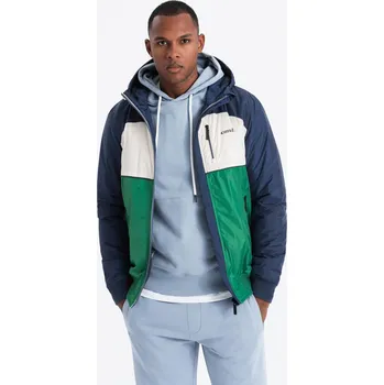 Pánská větrovka Pánská lehká barevná sportovní bunda s fleecem - zelená a tmavě modrá V20 OM-JANP-0194 - S