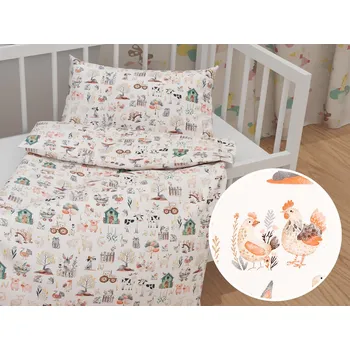 Povlečení Dětské bavlněné povlečení do postýlky Sandra SA-563 Zvířátka na farmě na bílém Do postýlky 100x135 a 40x60 cm