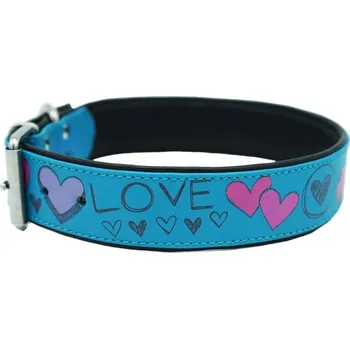 Obojek pro psa Designový kožený obojek LOVE modrý Śířka obojku x obvod krku psa: 2,2 cm x 22-27,5 cm