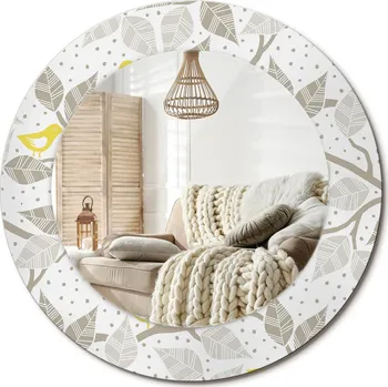 Zrcadlo Nástěnné zrcadlo s ozdobnou grafikou na skle průměr 50 cm – Žlutí ptáci na větvích