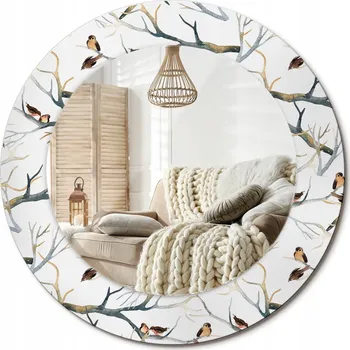 Zrcadlo Nástěnné zrcadlo zdobené grafikou na skle Vrabci ptáci větve fi 50 cm