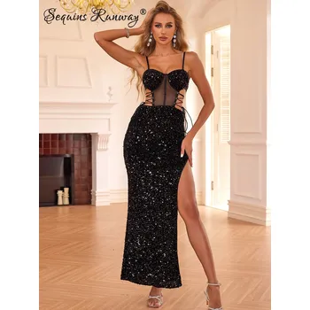 Dámské šaty Maxi večerní šaty Sequins SQ957 Barva: Černá, Velikost: S