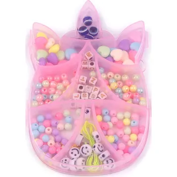 Dětské navlékací korálky Sada korálků s pruženkou v boxu mušle, jednorožec, medvídek Varianta: 2 mix růžová sv. jednorožec, Balení: 1 krab.