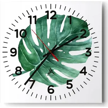 Hodiny Kuchyňské nástěnné hodiny 30x30 Monstera Skleněné hodiny do obýváku Moderní Tiché