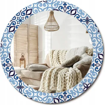 Zrcadlo Nástěnné zrcadlo s ozdobnou grafikou na skle průměr 70 cm - Modrý arabský vzor