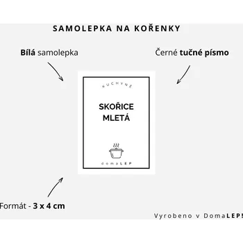 Samolepící etiketa SKOŘICE MLETÁ - Samolepka na kořenky 3 x 4 cm - DomaLEP varianta: BÍLÁ - tučné písmo
