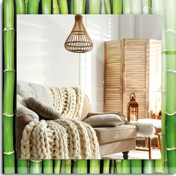 Zrcadlo Nástěnné zrcadlo s ozdobnou grafikou na skle Zelené stonky bambusu 60x60 cm