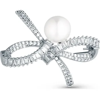 Brož JwL Luxury Pearls Blyštivá dámská brož Mašle s pravou perlou a krystaly JL0842 + 2 měsíce na vrácení zboží