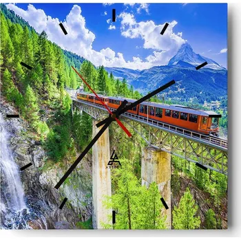 Hodiny Velké nástěnné hodiny na zeď 40x40 Vlak Skleněné hodiny Čtvercové Tiché