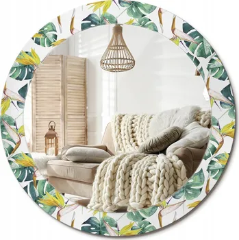 Zrcadlo Nástěnné zrcadlo zdobené grafikou na skle Tropické listy Průměr 70 cm