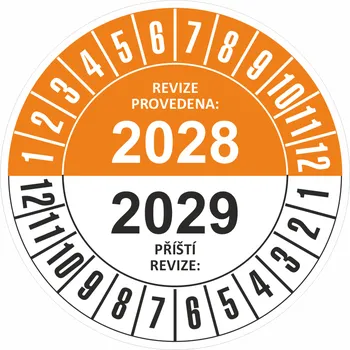 Samolepící etiketa Revize provedena/Příští revize 2028-2029 samolepící vinylová fólie 40 mm aršík 10 kusů