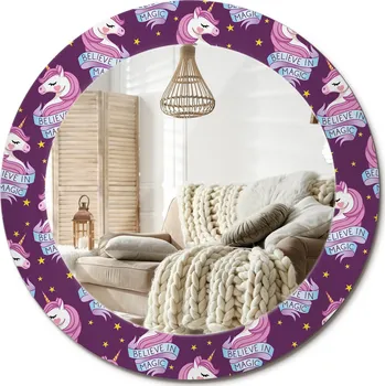 Zrcadlo Ozdobné zrcadlo s potiskem v moderním stylu průměr 60 cm Jednorožec hvězdy