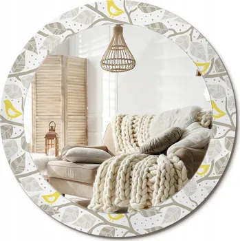 Zrcadlo Zrcadlo s ozdobným rámem s grafikou Žlutí ptáci na větvích Průměr 70 cm