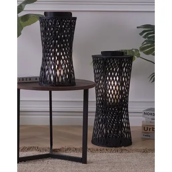 Svícen Lucerna na svíčku z černého bambusového dřeva 38 cm se skleněným svícnem interiér v boho stylu Beliani