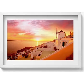 Obraz Závěsný obraz rámeček v bílé barvě Santorini se starým větrným mlýnem 60x40 cm