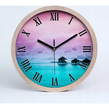 Hodiny Dřevěné nástěnné hodiny bungalovy u vody průměr 25 cm