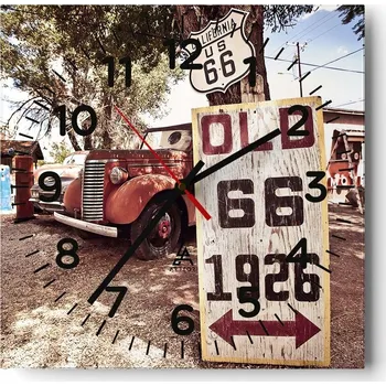 Hodiny Kuchyňské nástěnné hodiny 30x30 Route 66 Skleněné hodiny do obýváku Moderní Tiché