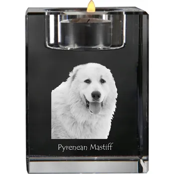 Svícen Pyrenejský mastif - svícen s fotografií psa, křišťálový podstavec na čajovou svíčku