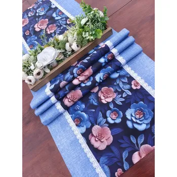 ubrus Běhoun – ubrus na stůl 3D kytičky na temně modrém podkladu | 42 x 141 cm