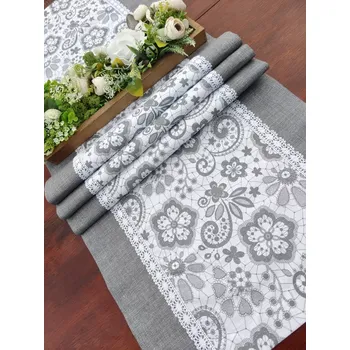 ubrus Běhoun - šedá krajka na bílé lemovaná šedou v režném efektu