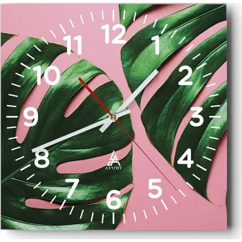 Hodiny Velké nástěnné hodiny 40x40 Monstera Skleněné hodiny Čtvercové Tiché