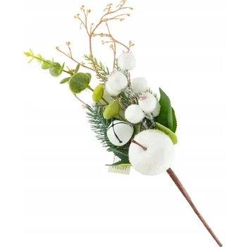 Vánoční dekorace Dekorační větvička bílá s jablkem a zvonkem 38 Cm