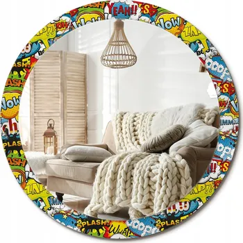 Zrcadlo Nástěnné zrcadlo s grafikou na skle, komiksový design, průměr 90 cm