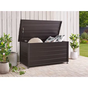 Úložný box Zahradní úložný box s víkem tmavě hnědý hliník 123 x 60 cm 330 L venkovní úložný nábytek Beliani