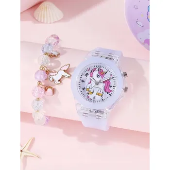 Hodinky Růžové SVÍTÍCÍ HODINKY s jednorožcem + NÁRAMEK jako dárek pro holčičku