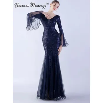 Dámské šaty Svatební šaty dlouhé Sequins SQ1256 Barva: Tmavě Modrá, Velikost: L