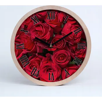 Hodiny Tichá nástěnná dřevěná hodiny červené růže průměr 30 cm