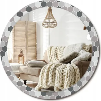 Zrcadlo Nástěnné zrcadlo s ozdobnou grafikou na skle, Šestiúhelníkový vzor, Velké, průměr 100 cm