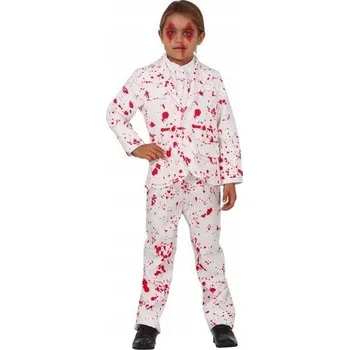 Karnevalový kostým KOSTÝM ZAKRVÁCENÝ OBLEK BÍLÝ S FLEKY KRVE HALLOWEENSKÝ PŘEVLEK VELIKOST 146