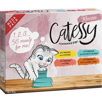 Krmivo pro kočku 56ks-56x90g výhodné balení Catessy Mousse - mega mix 4 druhy (kuřecí, treska, telecí, kuřecí játra)