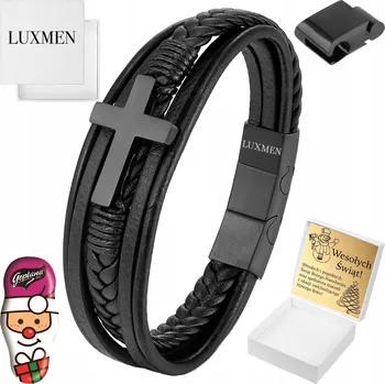 Náramek PÁNSKÝ NÁRAMEK KOŽENÝ S KŘÍŽEM ČERNÁ KŮŽE OCELOVÝ NASTAVITELNÝ KŘÍŽ