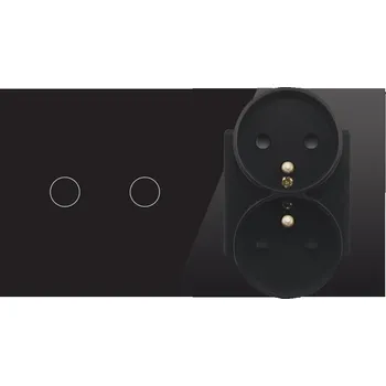 vypínač DVOJITÝ SKLENĚNÝ VYPÍNAČ SVĚTLA 2G + DVOJITÁ ZÁSUVKA ČERNÁ