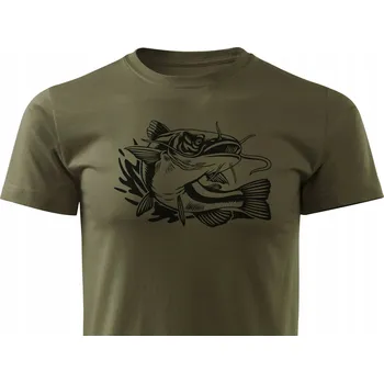 Pánské tričko Bavlněné tričko Forestmax s velkým rybářským potiskem - sumec - khaki XL