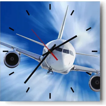 Hodiny Velké nástěnné hodiny na zeď 40x40 Letadlo Skleněné hodiny Čtvercové Tiché