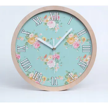 Hodiny Dřevěné nástěnné hodiny s květinovým vzorem, průměr 25 cm