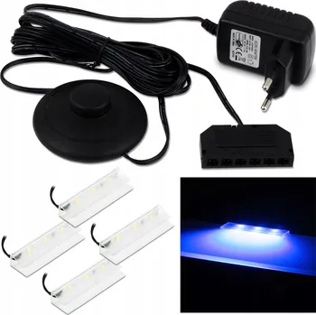 LED páska 4X LED KLIPSY MODRÉ PRO SKLENĚNÉ POLICE DO VITRÍNY SADA SE ZDROJEM